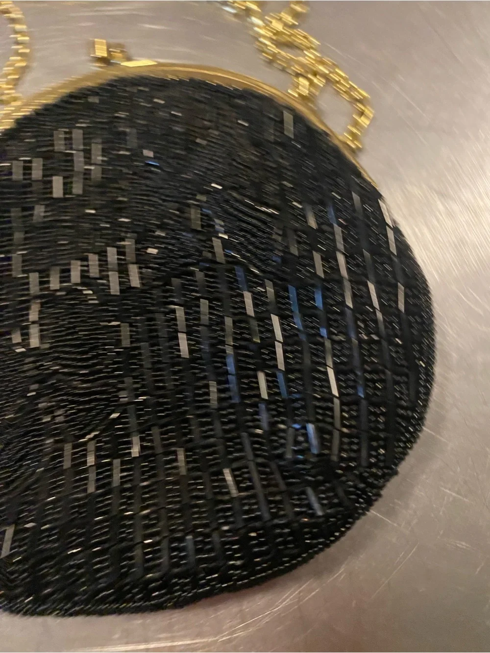 Vintage Black Beaded Round Evening Bag with Gold Chain